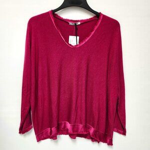 Angela Mara Women's Magenta V-Neck Raw Edge Satin Trim Top Size S/M